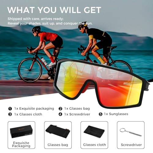 SUANGIT Polarized Cycling Sunglasses for Men Women Red Sports Running Bike Shades UV Protection Goggles (Matte Black Frame/Red Mirror Lens) - Thumbnail 6