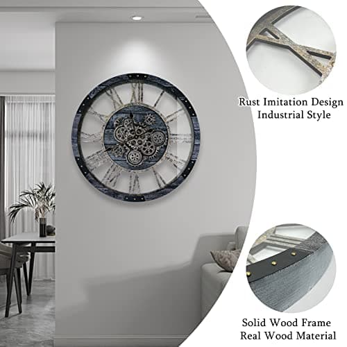 TOPPTIK 36 Inch Moving Gear Wall Clock, Oversized Wall Clocks, Clock Living Room Decor, Solid Wood Frame, Battery Operated, Large Wall Clock with Steampunk Industrial for Fireplace(Gray) - Thumbnail 3