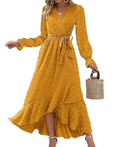 BTFBM Long Sleeve Maxi Dresses for Women Swiss Dot Boho Flowy Slit Cocktail Wedding Guest Dress Spring Clothes 2026(Yellow, X-Large) - Image 1