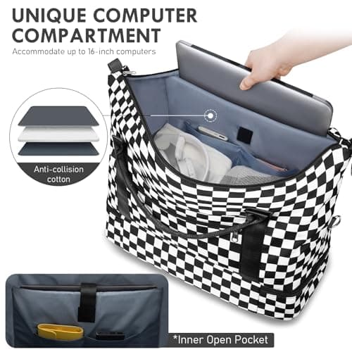 WOOMADA Weekender Overnight Bag for Women, Carry on Shoulder Travel Duffel with Shoes Compartment,Gym Bag with Toiletry Bag(black checkerboard) - Thumbnail 3