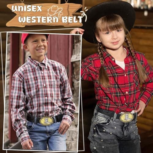 Kids Western Belt for Boys Girls Embossed Cowboy Cowgirl Genuine Leather Kid Western Buckle Belts for Jeans Gifts - Thumbnail 2
