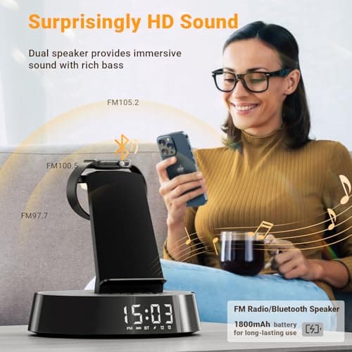 Alarm Clock with Wireless Charging Station, Clock for Bedroom with Dimmable Night Light Bluetooth Speaker, Wireless Charger Dock Station for iPhone 17 16 15 14 13 12 Pro Max, Apple Watch, AirPods Pro - Thumbnail 3