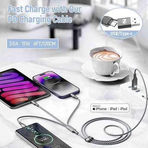 IDISON Multi Charging Cable (4ft 2Pack), 3 in 1 Charging Cable Nylon Braided USB A/C Port iPhone Charger Cord with Type C Lightning USB for Apple iPhone Android Phone -Rose Grey - Thumbnail 2