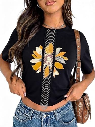 Chulianyouhuo Crop Top for Women Vintage Flower Graphic Tees Summer Casual Short Sleeve Tops Crew Neck Tshirts - Image 1