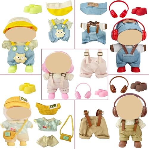 Ezcora 17cm Doll Clothes Overalls Outfit Set, Include 5 Styles with Hats, Headphones, Shoes and Bag, Cute Dress Up Accessories for Doll Play and Display, (No Dolls) - Thumbnail 4