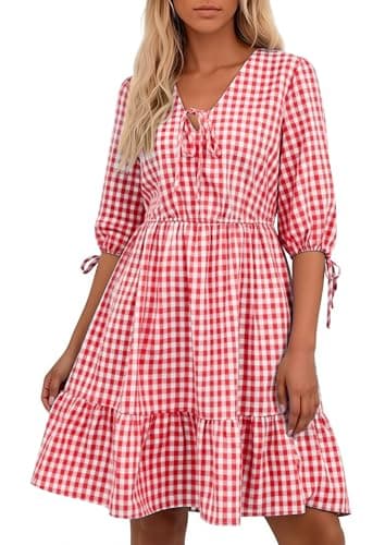 ECOWISH Women's Summer Mini Dress 2026 Tie Front V Neck 3/4 Sleeve A-Line Tiered Flowy Gingham Short Dresses with Pocket Red Medium - Image 1