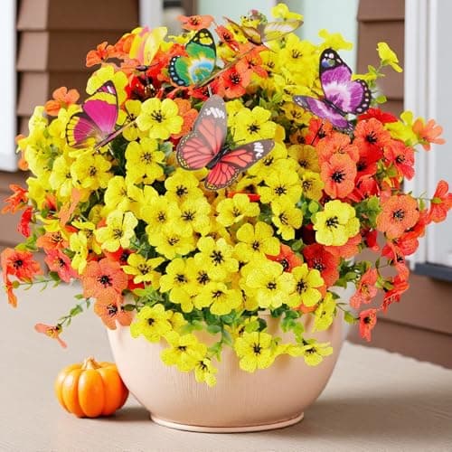 CogDat 20 Bundles Artificial Flowers for Outdoors‌ with 6 Faux Butterflies, UV Resistant and No Fade, ‌Fake Flowers for Garden Patio Porch Home Decor Wedding Easter Mother's Day (Orange Yellow) - Image 1