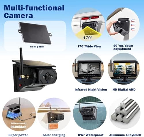 Solar Wireless Backup Camera with Magnetic, 7" HD 1080P Recording Monitor, Alarm Function, Night Vision, Vehicle Back up Cameras for Car RV Truck Trailer Camper SUV - Thumbnail 6