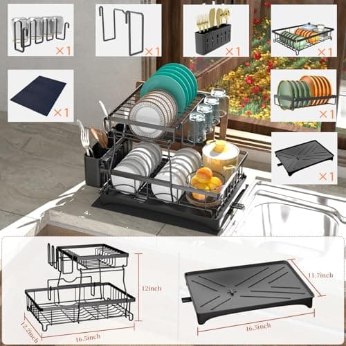 Godboat Dish Drying Rack, 2-Tier Dish Rack with Auto-Drain & Mat, Dish Racks for Kitchen Counter, Dish Drainer with Knife, Fork & Cup Rack, Gifts for Women, Mothers Day, Cool Stuff & Kitchen Gadgets - Thumbnail 4