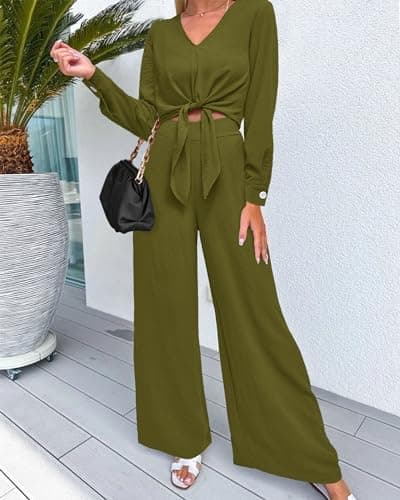 PRETTYGARDEN Women's 2 Piece Outfits 2026 Spring Fashion V Neck Long Sleeve Strappy Crop Top Wide Leg Pant Lounge Sets(Olive Green,Large) - Thumbnail 2
