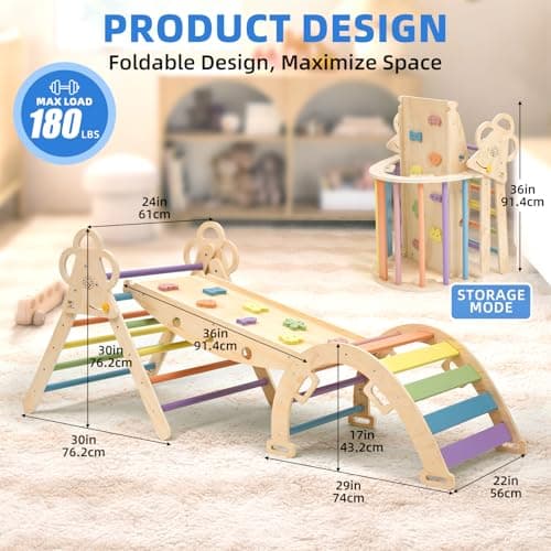 VENSEEN Baby Pikler Triangle Set with Cushion, 9-in-1 Foldable Wooden Climbing Toys for Toddlers, Indoor Montessori Jungle Gym Set for Kids Birthday Gift - Thumbnail 2