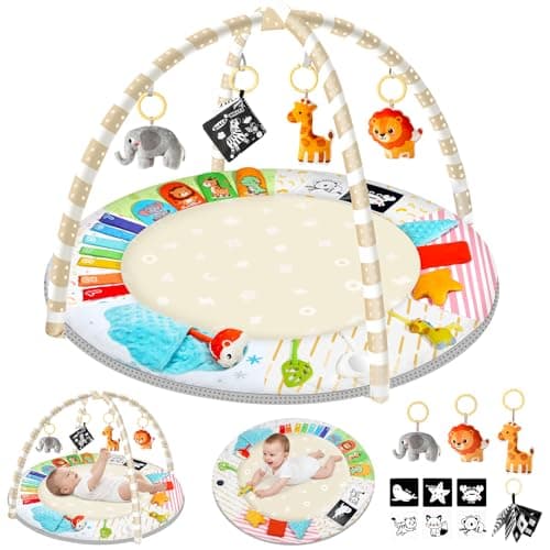URMYWO Tummy Time Mat - Comfortable Baby Floor Play Mat Activity Gym for 0-3-6-18 Months, 6 Developmental Zones with 5 Detachable Toys for Motor Skills Sensory Development, Baby Essentials Shower Gift