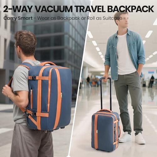 Fanwoli Vacuum Rolling Travel Backpack, Carry On Luggage with TSA Lock & Anti Theft Zipper, 70L Expandable Airback with Compression Pump, Waterproof Laptop Bag Ideal for Flight & Business - Thumbnail 6