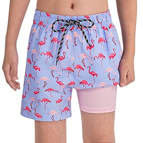 Cozople Big Boy's Pink Flamingo Swim Trunks with Compression Liner Quick Dry UPF50+ Swimwear Bathing Suits Stretchy No Mesh Sports Surfing Boardshorts Swimsuit Size 8 - Thumbnail 2