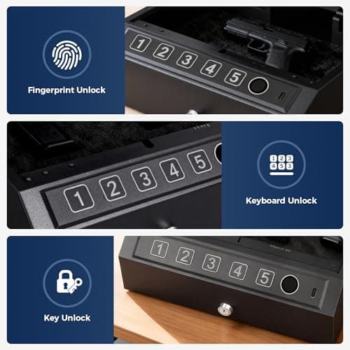 Biometric Gun Safe for Handgun 3-Ways unlock Fingerprint Digital PIN Key Unlock Pistol Safe with Security Cable Gun Lock Box With Interior Light For Nightstand Car & Home Security - Thumbnail 3
