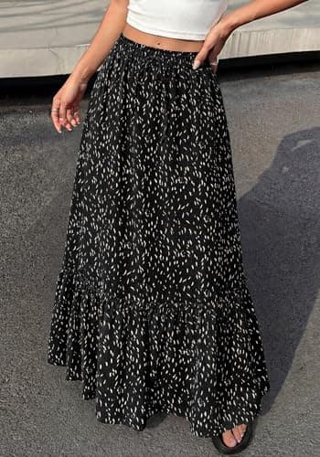 BTFBM Womens Boho Maxi Skirt 2026 Summer Floral High Waisted Flowy Tiered Long Spring Beach Vacation Skirts Pockets(Black, Small) - Thumbnail 2