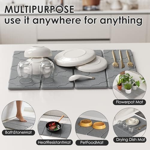 3-Piece Stone Dish Drying Mat Set for Kitchen Counter -24"x16" Large Absorbent Diatomaceous Earth Mat for Countertop, Stone Faucet Mat & Soap Tray- Quick Dry, Non-Slip - Thumbnail 3
