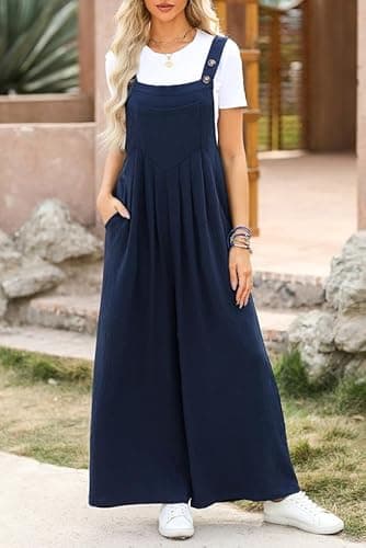 Dokotoo Womens Overalls Navy Blue Jumpsuits for Women Casual Loose Fit Solid Color Wide Leg One Piece Sleeveless Jumpsuit Adjustable Straps Long Pant Rompers with Pockets Medium - Thumbnail 4