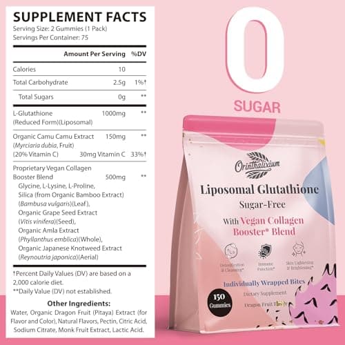 Orinthalixium Liposomal Glutathione Gummies 1000MG - Sugar Free Reduced L-Glutathione with Vitamin C & Vegan Collagen - Antioxidant & Skin Wellness - 150 Count - Thumbnail 2