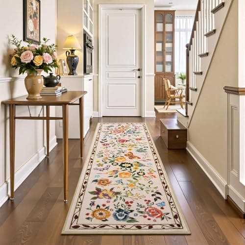 Rugflix 2x6 Runner Rug for Hallway, Washable Kitchen Runner Non Slip, Soft Low Pile Entryway Carpet, Vintage Floral Stain Resistant Long Laundry Room Rugs for Bedroom, Stairs, Beige - Image 1