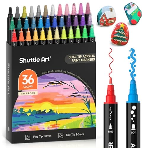 Shuttle Art 36 Colors Dual Tip Acrylic Paint Markers, Dot Tip and Fine Tip Acrylic Paint Pens for Rock, Ceramic, Wood, Canvas, Plastic, Glass, Stone, Calligraphy, Card Making, Crafts & Nail Art - Image 1