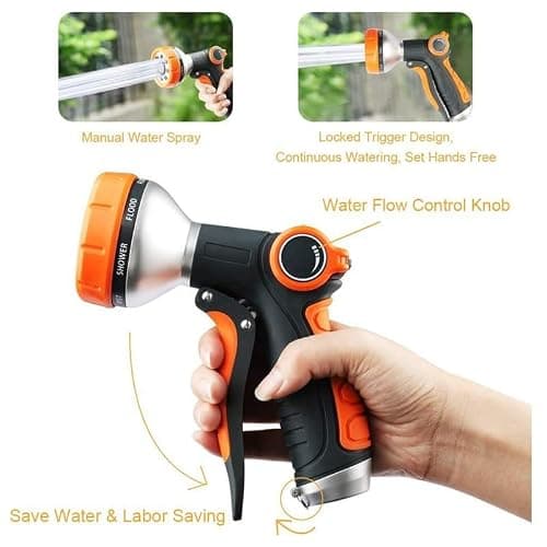 Garden Hose Nozzle Heavy Duty, High Pressure Adjustable 8 Patterns - Thumbnail 6