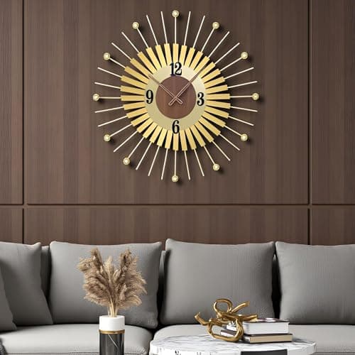 XGGJWW 22 Inch Modern Sunburst Wall Clock - Gold Silent Battery Operated Decorative Clock with Walnut Wood for Living Room, Office, Bedroom Decor - Image 1