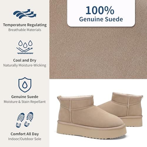 AoSiFu Platform Mini Boots for Women Genuine Suede Leather Classic Winter Ankle Snow Boots with Comfortable Memory Foam Insole Water Resistant Lightweight Anti-Slip Outsole for Outdoor Indoor - Thumbnail 3
