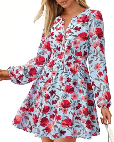 BTFBM Spring Dresses for Women 2026 Mini Long Sleeve Elastic Waist Summer Vacation Outfits Floral Wedding Guest Dress(Blue Red Flower, XX-Large) - Image 1