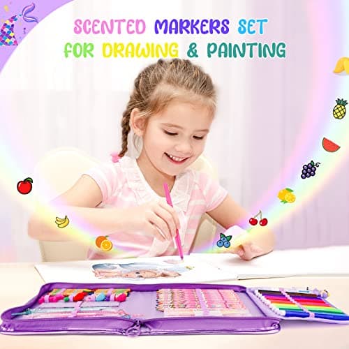 MAIGOZON Mermaid Art Craft Kit for Kids, 56 Piece Set with Pencil Case, Markers, Crayons, Gel Pens, Erasers, Stencils, Ruler - Thumbnail 3