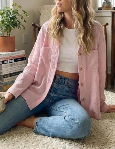 GAMISS Button Down Shirt for Women Long Sleeve Shirts Collared Casual Blouses Tops with Pocket Pink, XL - Thumbnail 5