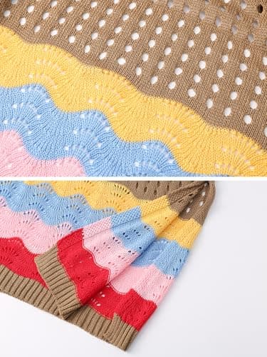 VIAURBE Women's Crochet Cover Ups Swimwear Beach Bikini Swimsuit Cover-ups Striped Side Split Mini Dress Coffee L - Thumbnail 4