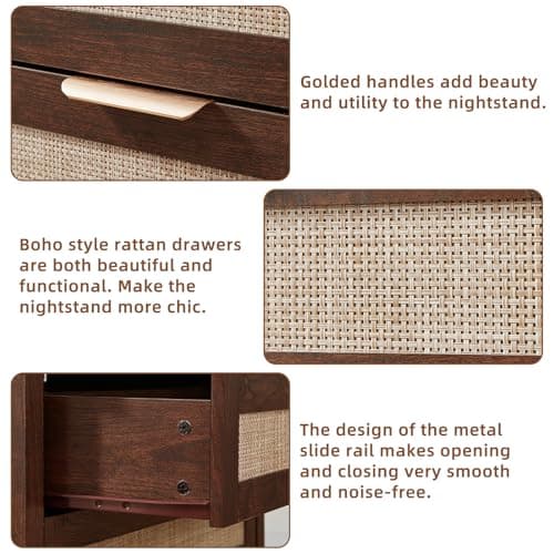 LEYAOYAO 31.5" Wide Rattan Night Stand with Charger Station, Oversized Large Walnut Nightstand with 2 Drawer, Boho Bed Side End Tables with Storage, Tall Bedside Table for Bedroom Living Room, Hallway - Thumbnail 4
