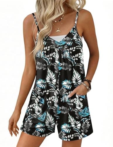 Ekouaer Womens Summer Casual Sleeveless Rompers 2026 Floral Loose Shorts Overalls Adjustable Boho Jumpsuits with Pockets Black Leaves Print XX-Large - Image 1