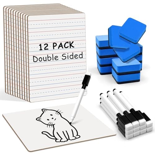 12-Piece Dry Erase Board Set, Double-Sided Small Whiteboards with Lines for Writing, Students and Teachers in Classroom, 6"x9" Mini Whiteboards, Includes 12 Markers and 12 Erasers - Image 1