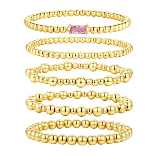 Turandoss October Birthstone Bracelets for Women - Dainty Layered Created Tourmaline Pink Birthstone Elastic 14K Gold Plated Bracelet Set Trendy Birthday Jewelry Gifts for Women - Image 1