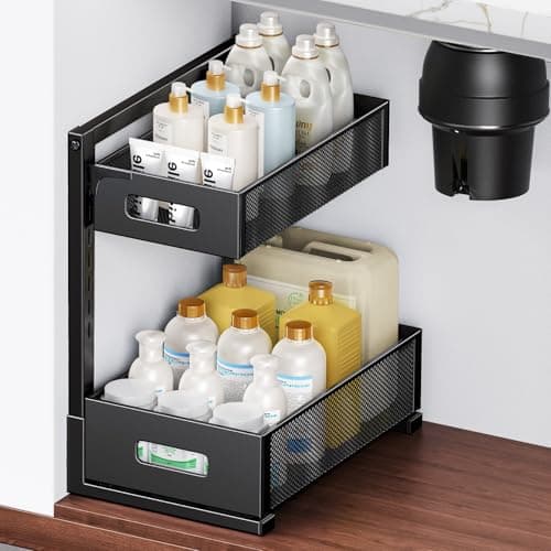 HAIREALM Under Sink Organizer 2 Tier, Adjustable Height Under Sink Organizers and Storage, Smooth & Silent Sliding Out Metal Drawer for Kitchen Bathroom Pantry Cabinet Closet