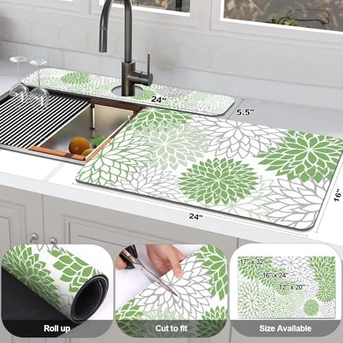 Findosom 2PCS 16" x 24" Dish Drying Mat & 24" x 5.5" Sink Splash Guard, Super Absorbent & Cuttable Dish Mat Drying Kitchen Mat with Green Floral, Hide Stain Drying Mat for Kitchen Counter - Thumbnail 2