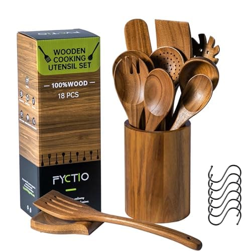 12 PCS Acacia Wooden Spoons for Cooking - Heat-Resistant, Comfort Grip,Easy to Clean, Non-stick Friendly - Kitchen Utensil Set with Holder, Spoon Rest & 6 Hooks, Ideal for Gifting - Image 1