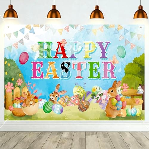 Lednica Happy Easter Photo Backdrop, Watercolor Easter Wall Decoration for Photography, Spring Bunny Banner with Colorful Egg Flowers Balloons for Party Decor & Supplies, 71×43'' - Image 1