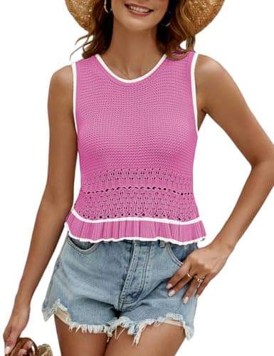 CiCiBird Women Cute Crop Sweaters Vest Knit Sleeveless Pullover Tops Crochet Ruffle Hem Tank Pink White Trim XL - Image 1