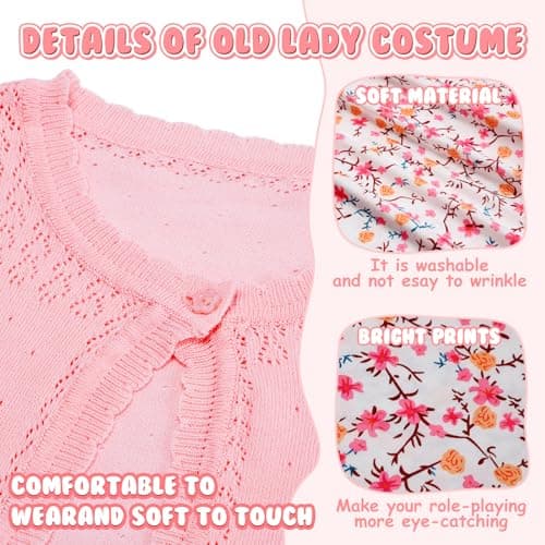 Skirfy Old Lady Costume for Kids, 100 Days of School Granny Outfit Kit with Wig, Dress, Glasses, Cane and Other Dess Up Accessories for Girls for School Celebration or Halloween - Thumbnail 4