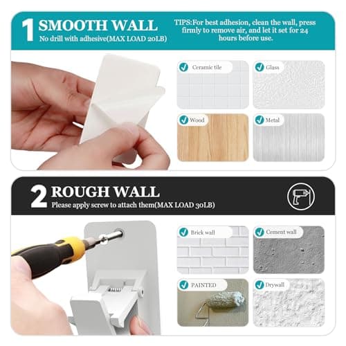 Adhesive No Drill Curtain Rod Brackets - Heavy Duty 30LB Holders for Bathroom Bedroom Kitchen, Universal Damage-Free Window Rod Hooks with Nail-Free Installation (2PC White) - Thumbnail 5