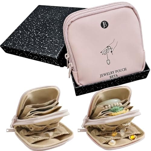 tianzong Small Travel Jewelry Case, Bridesmaid Gifts, Tangle-Free Jewelry Pouch Bag with Gift Box, Waterproof PU Jewelry Organizer for Valuables (Pink, Double Zipper) - Image 1