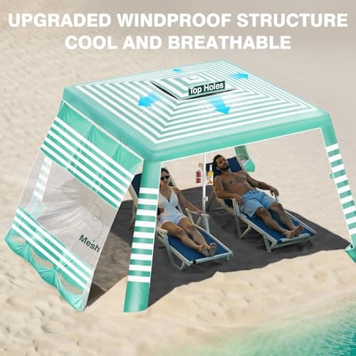 Rhino Valley Beach Cabana, 8 * 8FT Beach Tent UPF50+ Protection, Easy Setup Beach Canopy Wind Resistant with Cup Holder, Compact Beach Shade Foldable Beach Tent Sun Shelter, Green White - Thumbnail 2