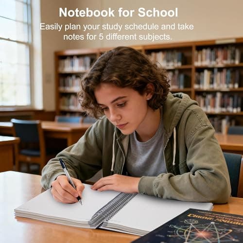 Yoment 5 Subject Notebook College Ruled with 5 Removable Tabs Dividers & Pockets, 8 X 10 Large 300 Pages/150 Sheets Hardcover Spiral Notebook for Work Office Home School, Black - Thumbnail 3