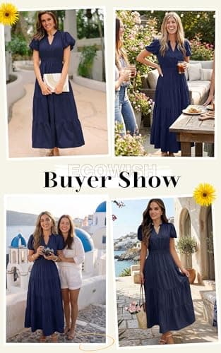 ECOWISH Womens Midi Dress Summer Casual A Line Maxi Shirt Dresses Spring Short Sleeve Button Front V Neck Pockets Work Dress 25Navy Blue Small - Thumbnail 5