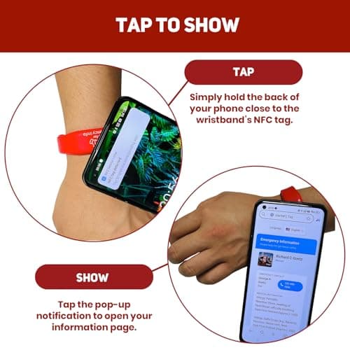 LOOMROOT Alert Med ID Bracelet, Silicone Waterproof NFC Wrist Band, Emergency Contact Tag for Adult Men & Women, No QR Code, USB or Charging Needed - Thumbnail 3