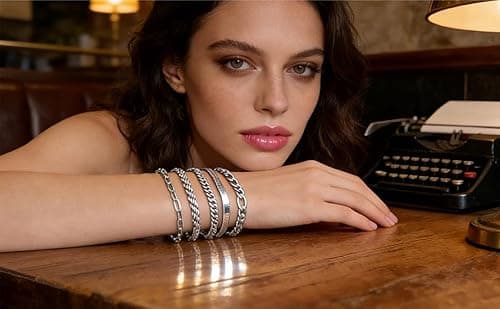 Alegend Bracelet Set 14K Silver Plated Multiple Classic Chain Types Paperclip, Twisted,Cuban,Snake Bone,O-Chain Lobster Clasp Adjustable Extender - Thumbnail 3