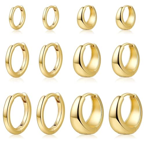 ALLHOLA 6 Pairs 14K Gold Plated Hoop Earrings for Women Hypoallergenic Small Huggie Hoops Earring Set for Sensitive Ears Non Tarnish Trendy Chunky Gold/Silver Earrings Cartilage Stacks for Multiple Piercing Jewelry Lightweight (Gold hoops) - Image 1